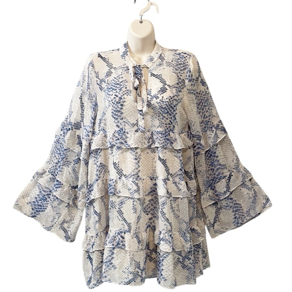 Olivaceous Blue and Pink Snake Print Mini Shift Dress Sz Sm Tiered‎ Ruffle Lined